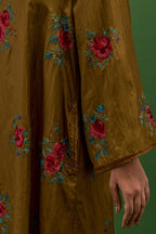 Golden olive silk A-line short kurta set, with thread embroidery roses all over.