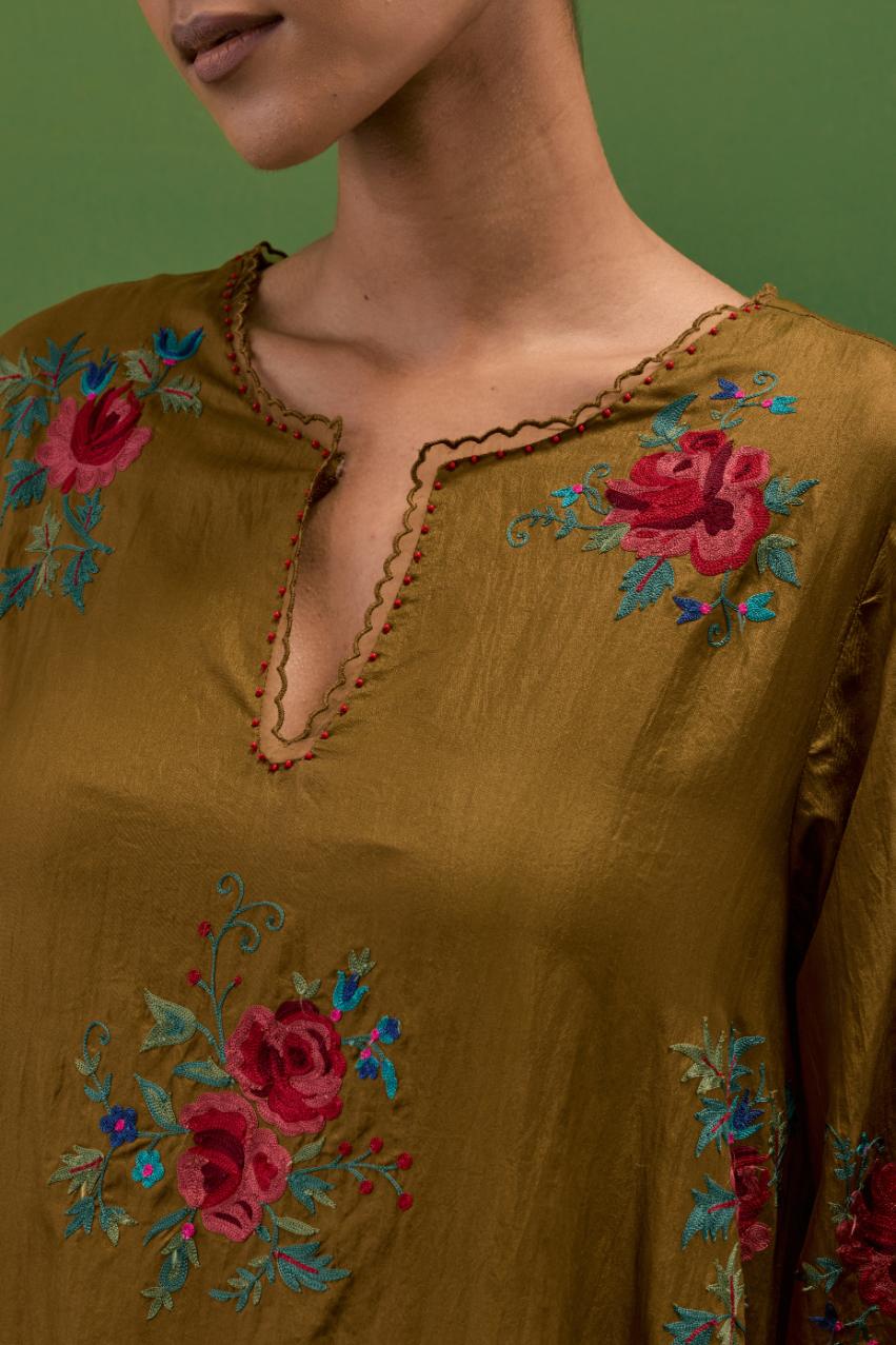 Golden olive silk A-line short kurta set, with thread embroidery roses all over.