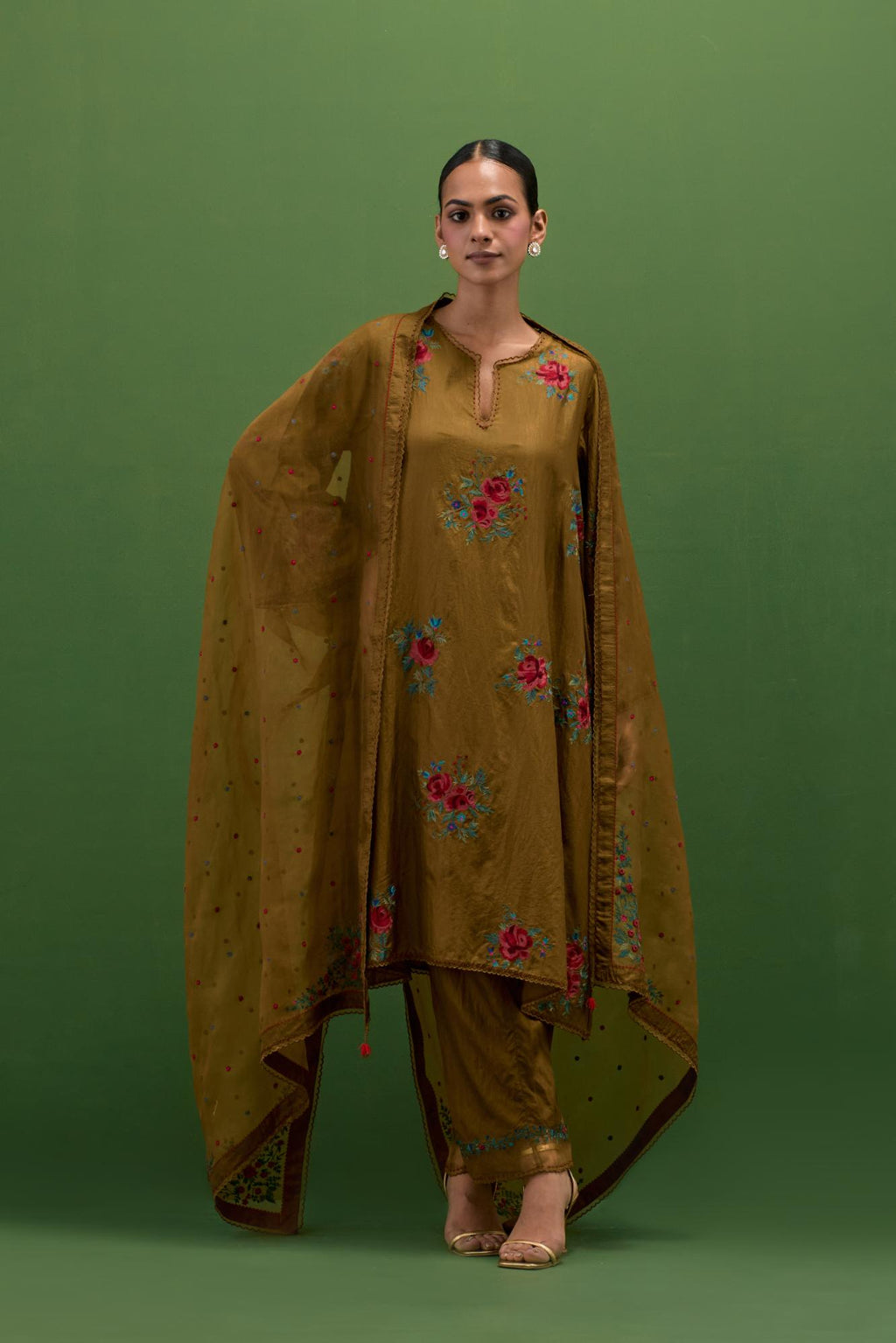 Golden olive silk A-line short kurta set, with thread embroidery roses all over.