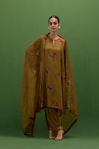 Golden olive silk A-line short kurta set, with thread embroidery roses all over.