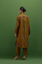 Golden olive silk short, shirt-kurta set with all-over embroidered thread roses.