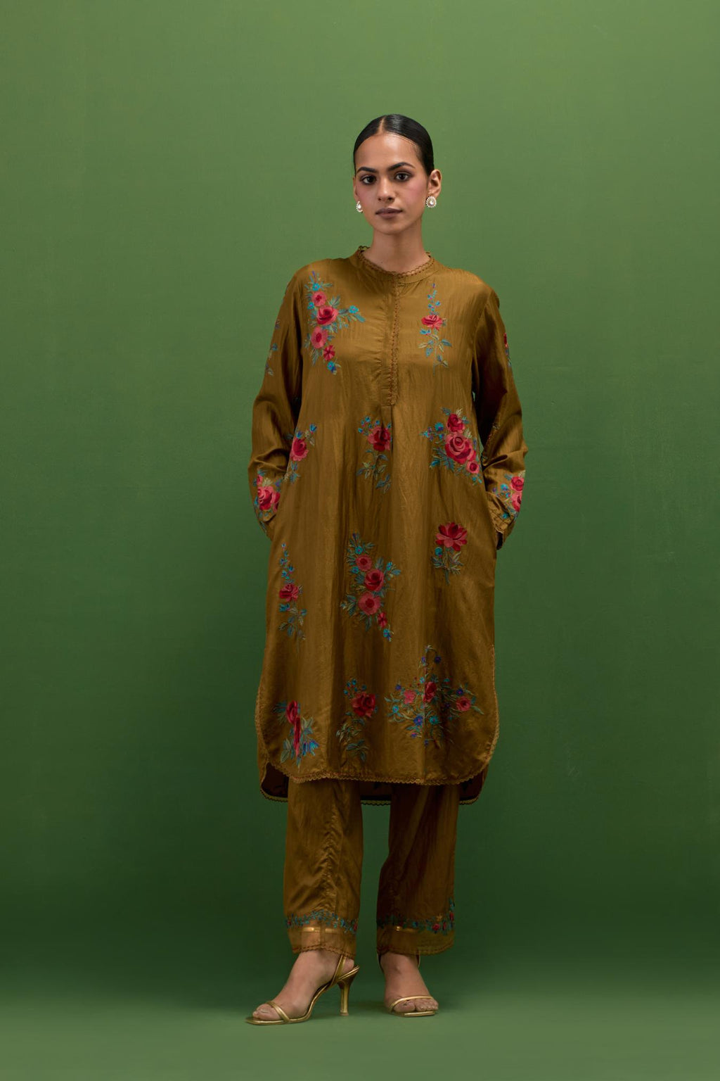 Golden olive silk short, shirt-kurta set with all-over embroidered thread roses.