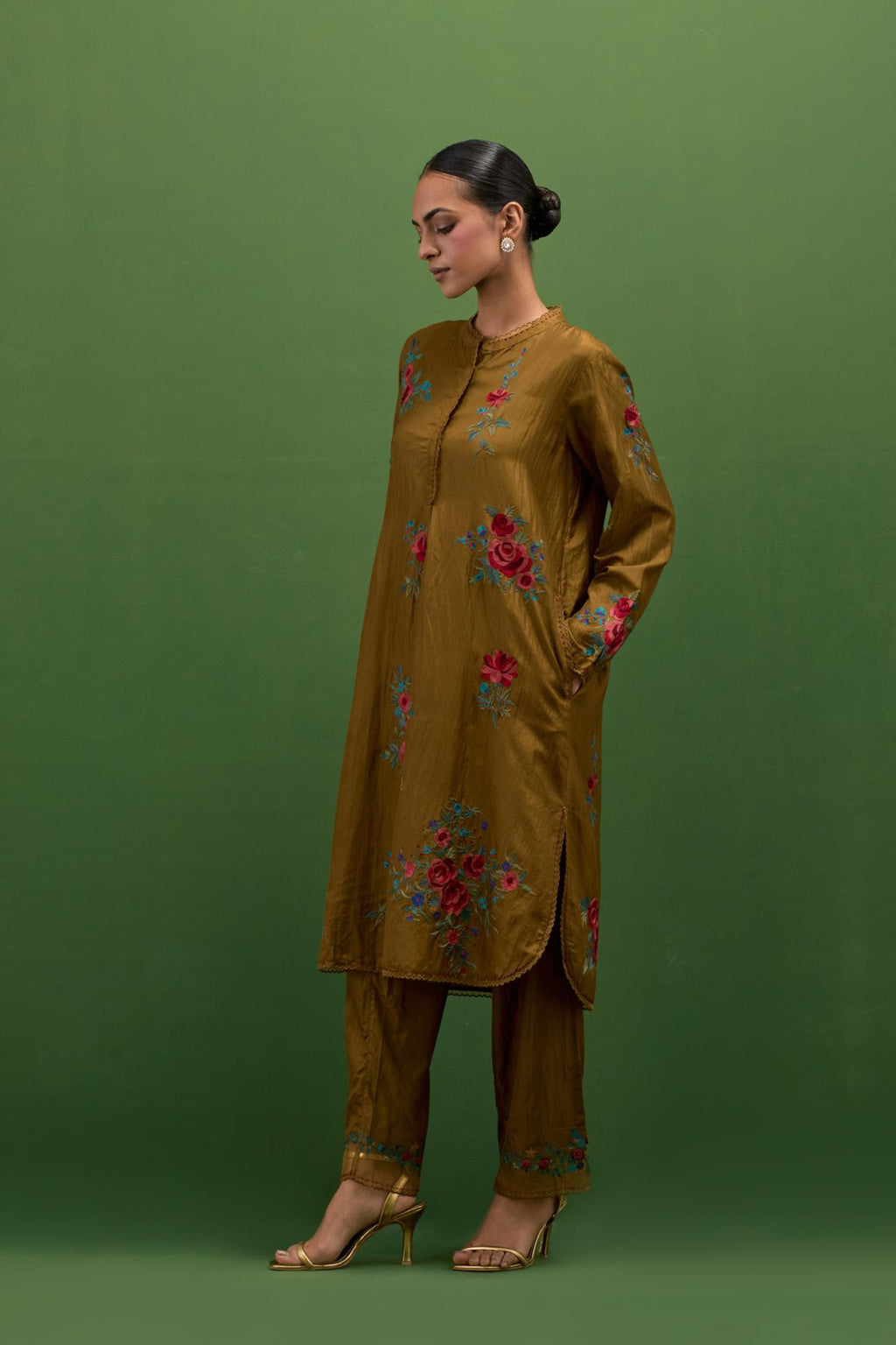 Golden olive silk short, shirt-kurta set with all-over embroidered thread roses.