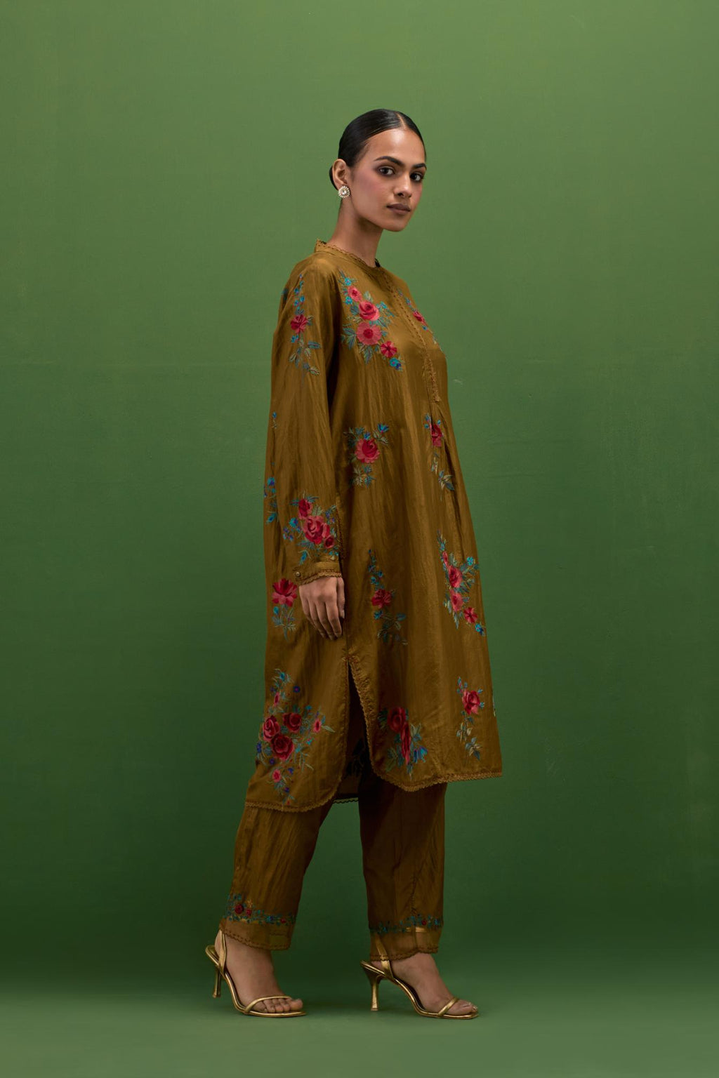 Golden olive silk short, shirt-kurta set with all-over embroidered thread roses.