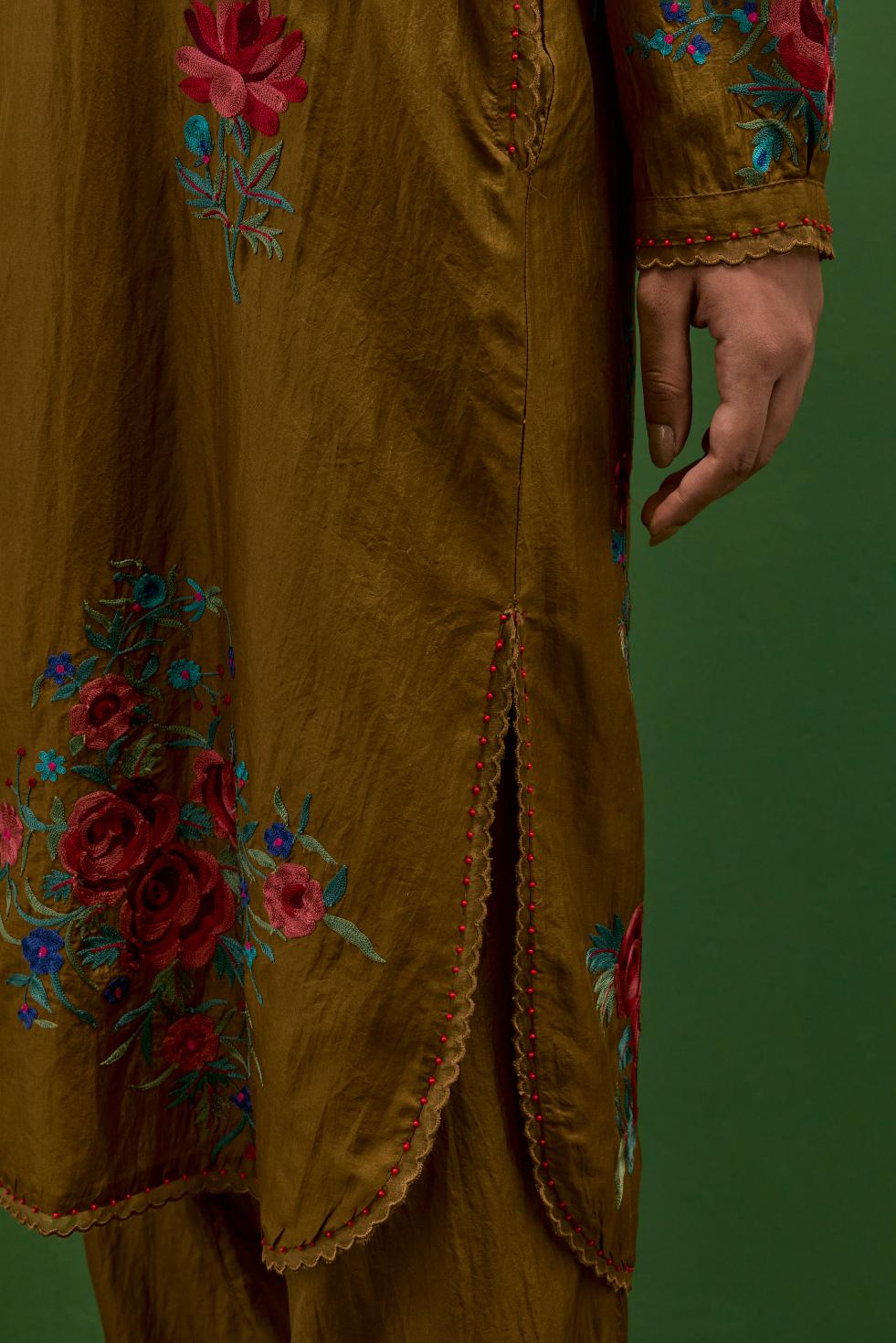 Golden olive silk short, shirt-kurta set with all-over embroidered thread roses.