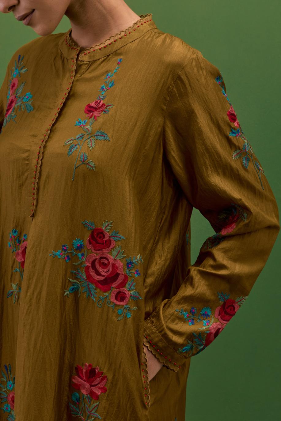 Golden olive silk short, shirt-kurta set with all-over embroidered thread roses.