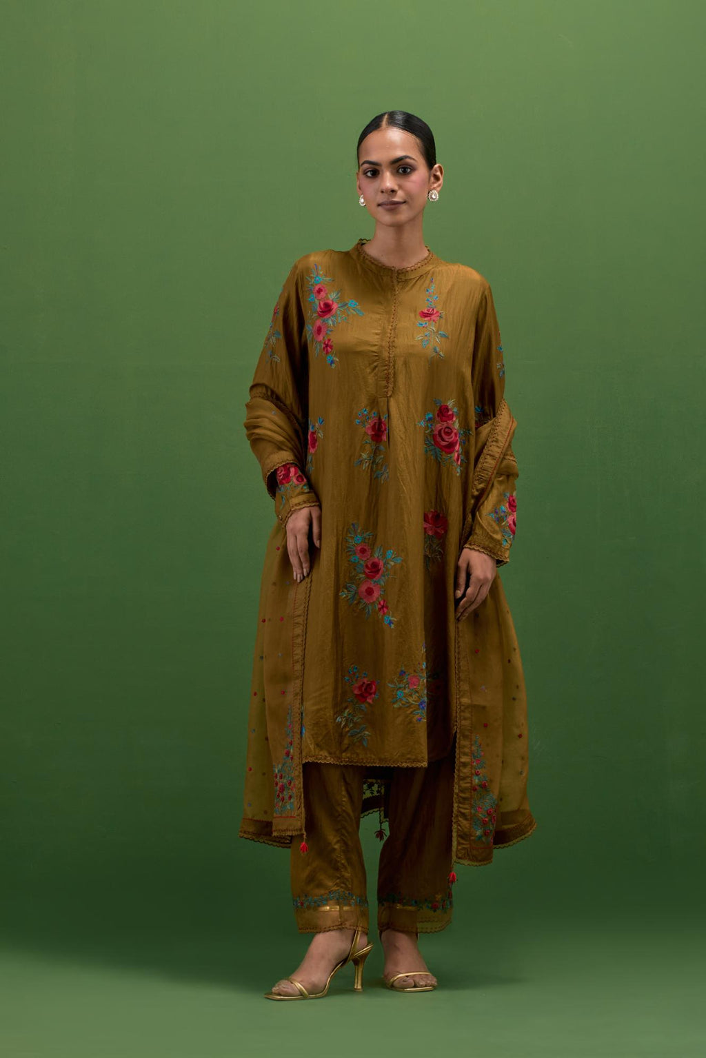 Golden olive silk short, shirt-kurta set with all-over embroidered thread roses.