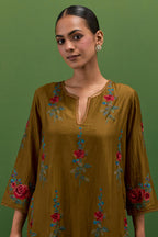 Golden olive silk straight kurta set with all-over rose embroidery and scalloped organza detail at the edges.