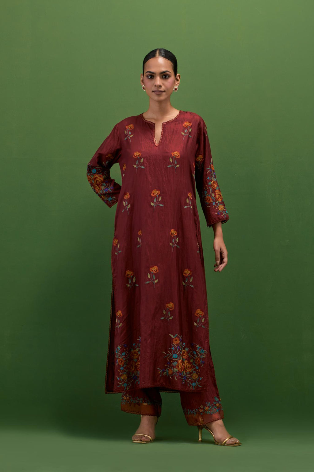 Rosewood silk straight kurta set with all-over roses embroidered in thread and scalloped organza detail at the edges.
