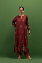 Rosewood silk straight kurta set with all-over roses embroidered in thread and scalloped organza detail at the edges.