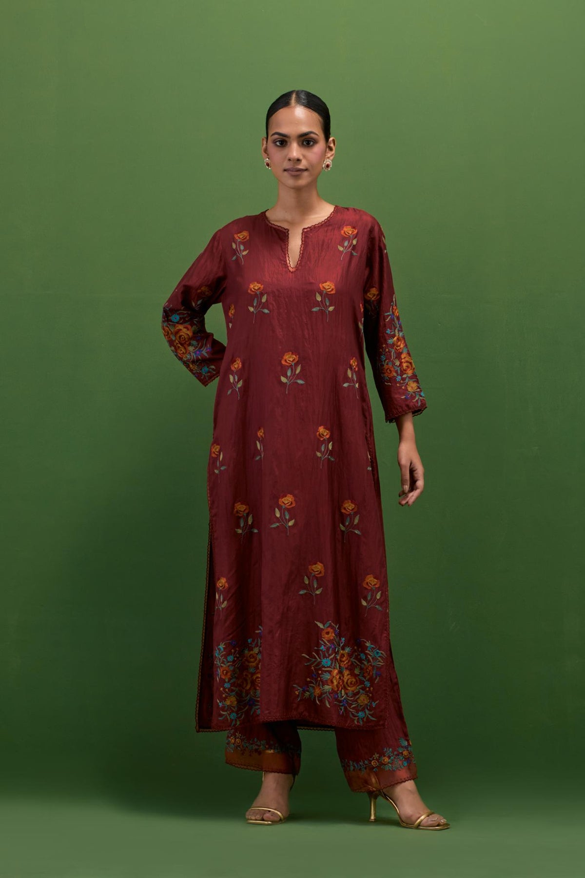 Rosewood silk straight kurta set with all-over roses embroidered in thread and scalloped organza detail at the edges.