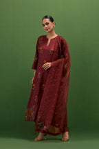 Rosewood silk straight kurta set with all-over roses embroidered in thread and scalloped organza detail at the edges.