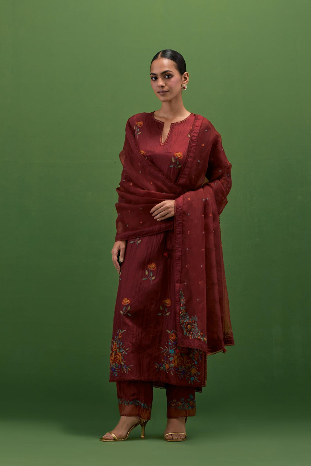 Rosewood silk straight kurta set with all-over roses embroidered in thread and scalloped organza detail at the edges.