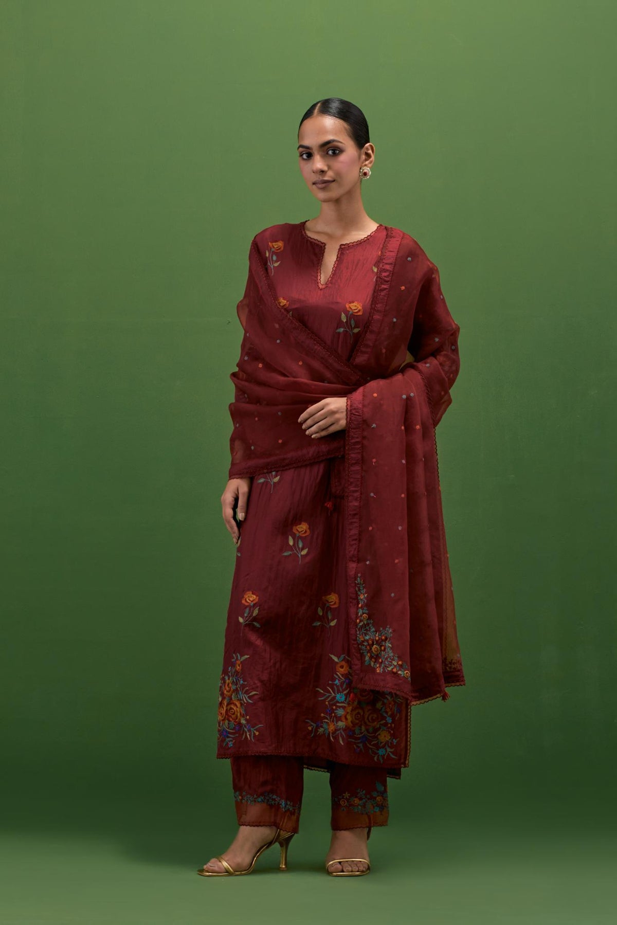 Rosewood silk straight kurta set with all-over roses embroidered in thread and scalloped organza detail at the edges.