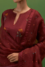 Rosewood silk straight kurta set with all-over roses embroidered in thread and scalloped organza detail at the edges.
