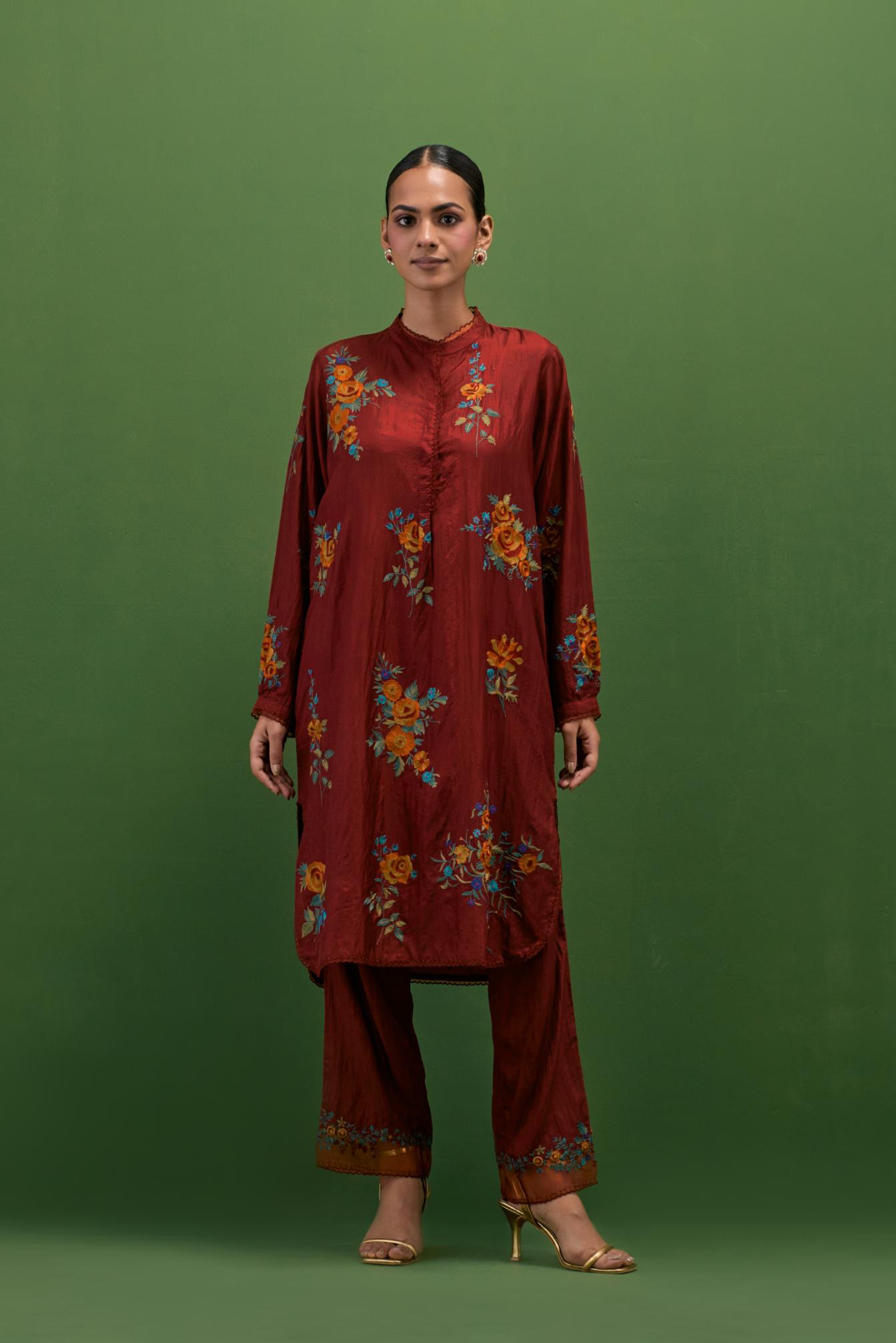 Rosewood silk short, shirt-kurta set with all-over embroidered thread roses.