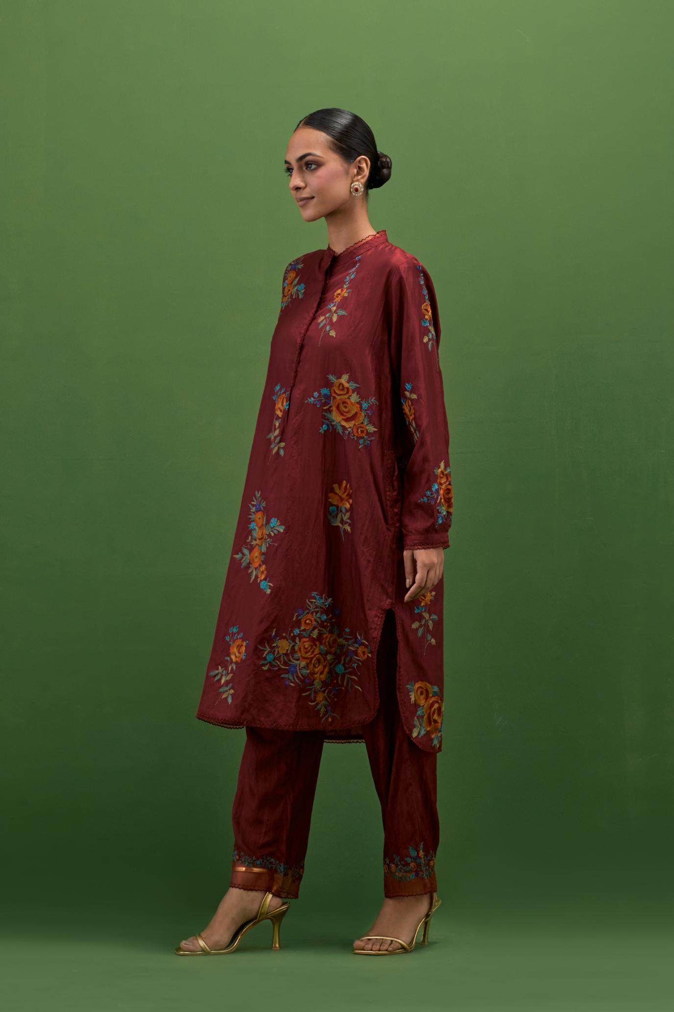 Rosewood silk short, shirt-kurta set with all-over embroidered thread roses.