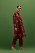 Rosewood silk short, shirt-kurta set with all-over embroidered thread roses.