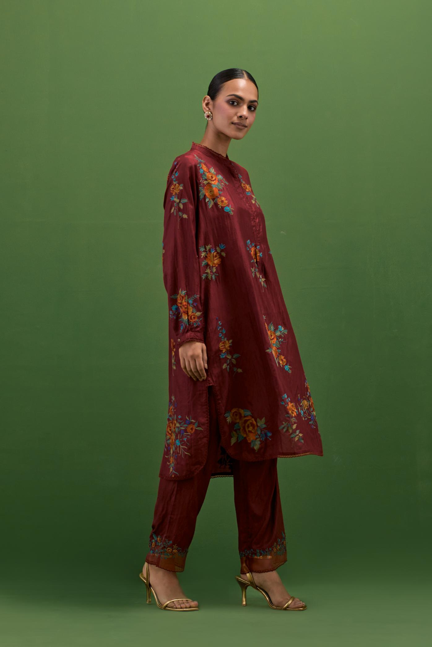 Rosewood silk short, shirt-kurta set with all-over embroidered thread roses.