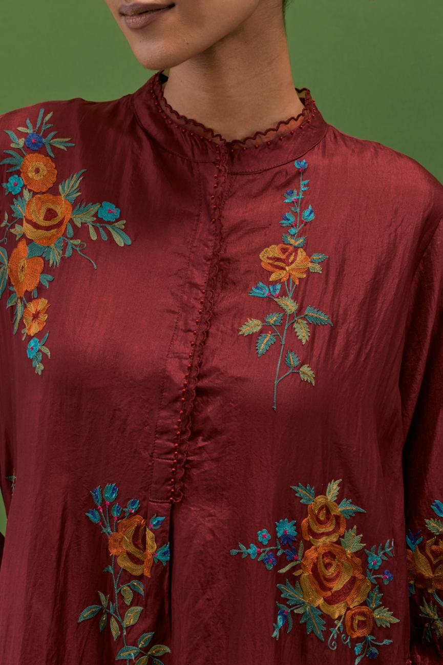 Rosewood silk short, shirt-kurta set with all-over embroidered thread roses.