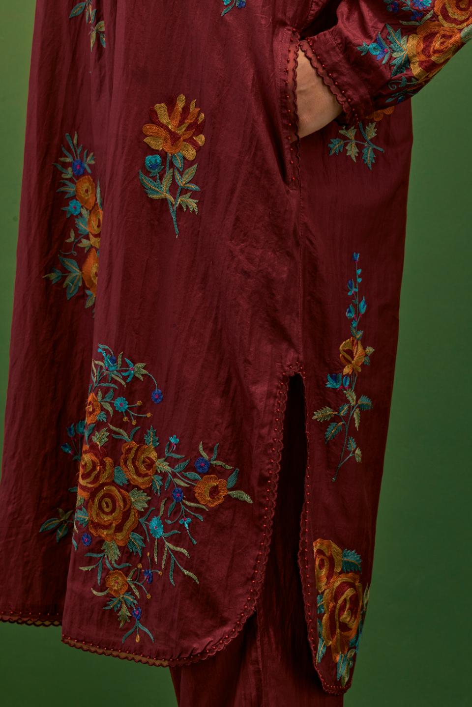 Rosewood silk short, shirt-kurta set with all-over embroidered thread roses.