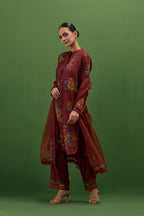 Rosewood silk short, shirt-kurta set with all-over embroidered thread roses.