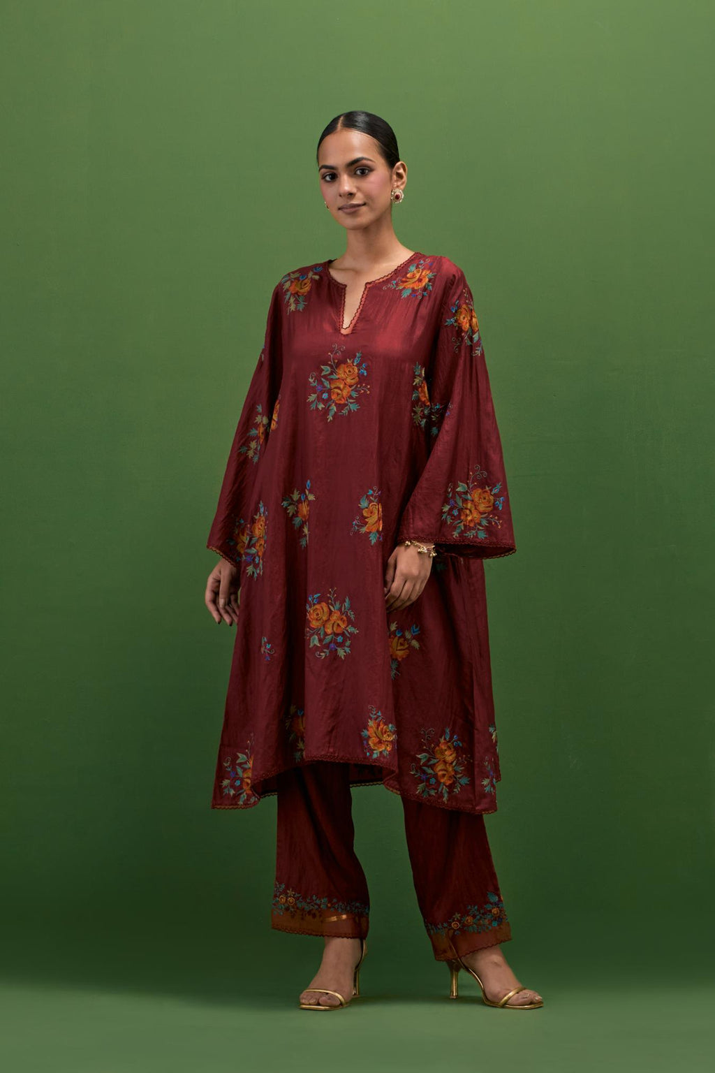 Rosewood silk A-line short kurta set, with thread embroidery roses all over.