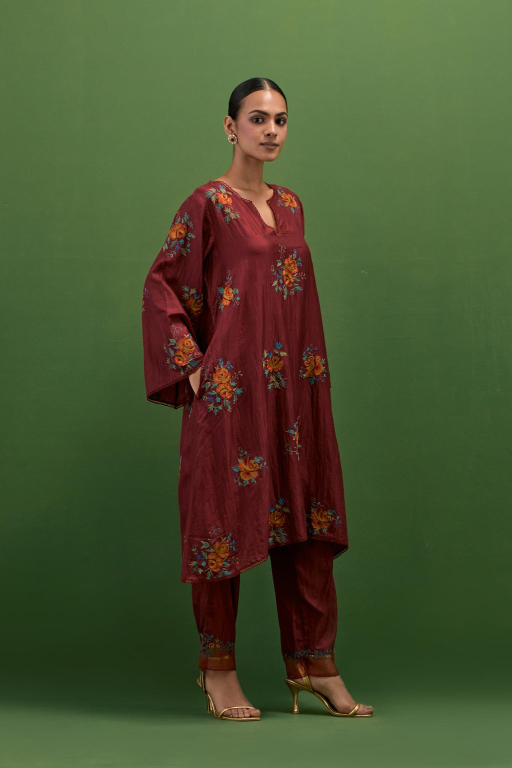 Rosewood silk A-line short kurta set, with thread embroidery roses all over.