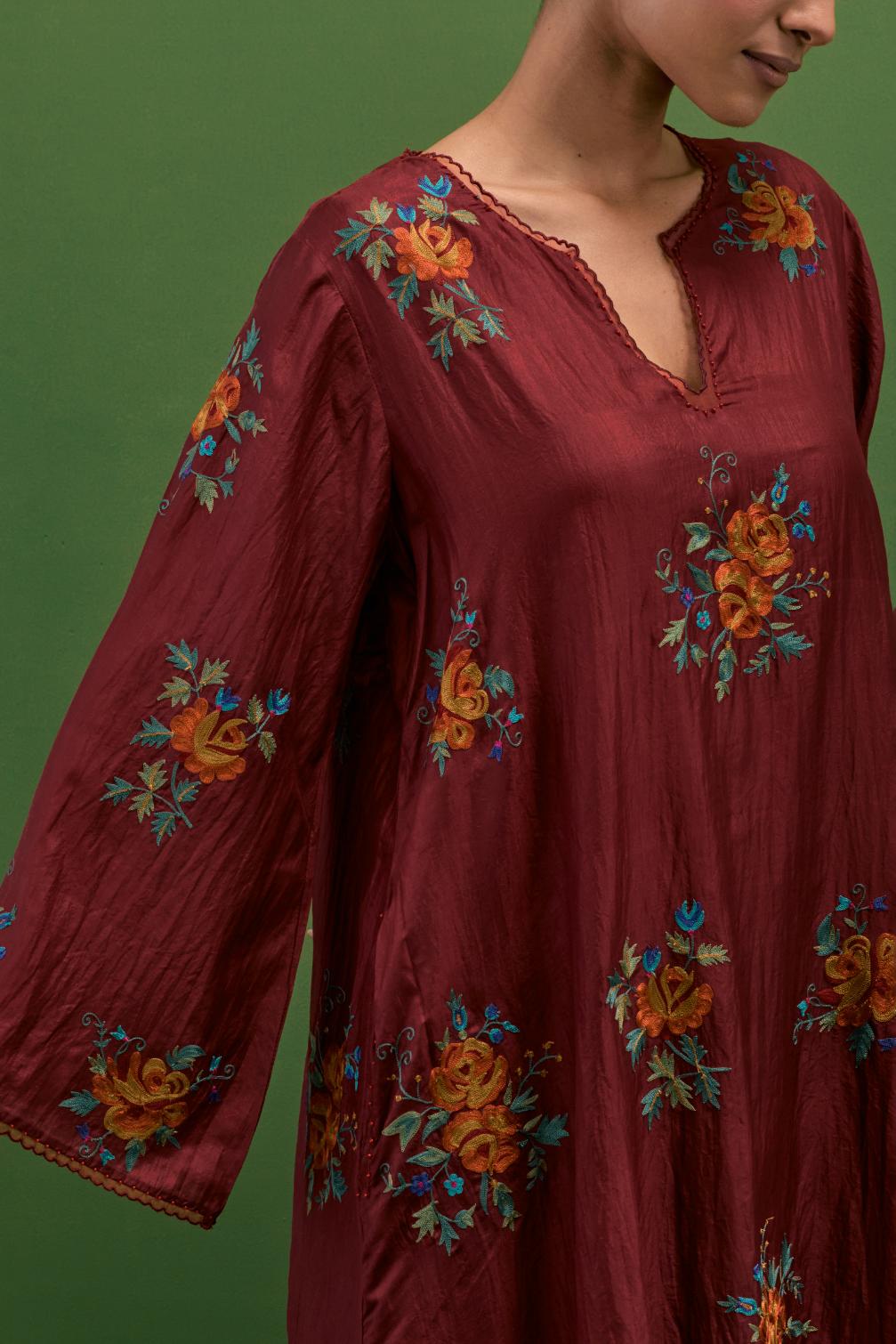 Rosewood silk A-line short kurta set, with thread embroidery roses all over.