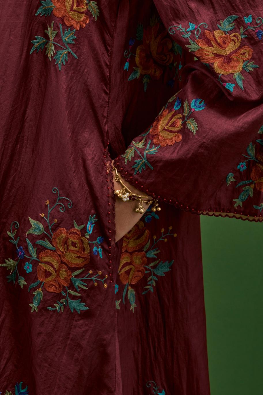 Rosewood silk A-line short kurta set, with thread embroidery roses all over.