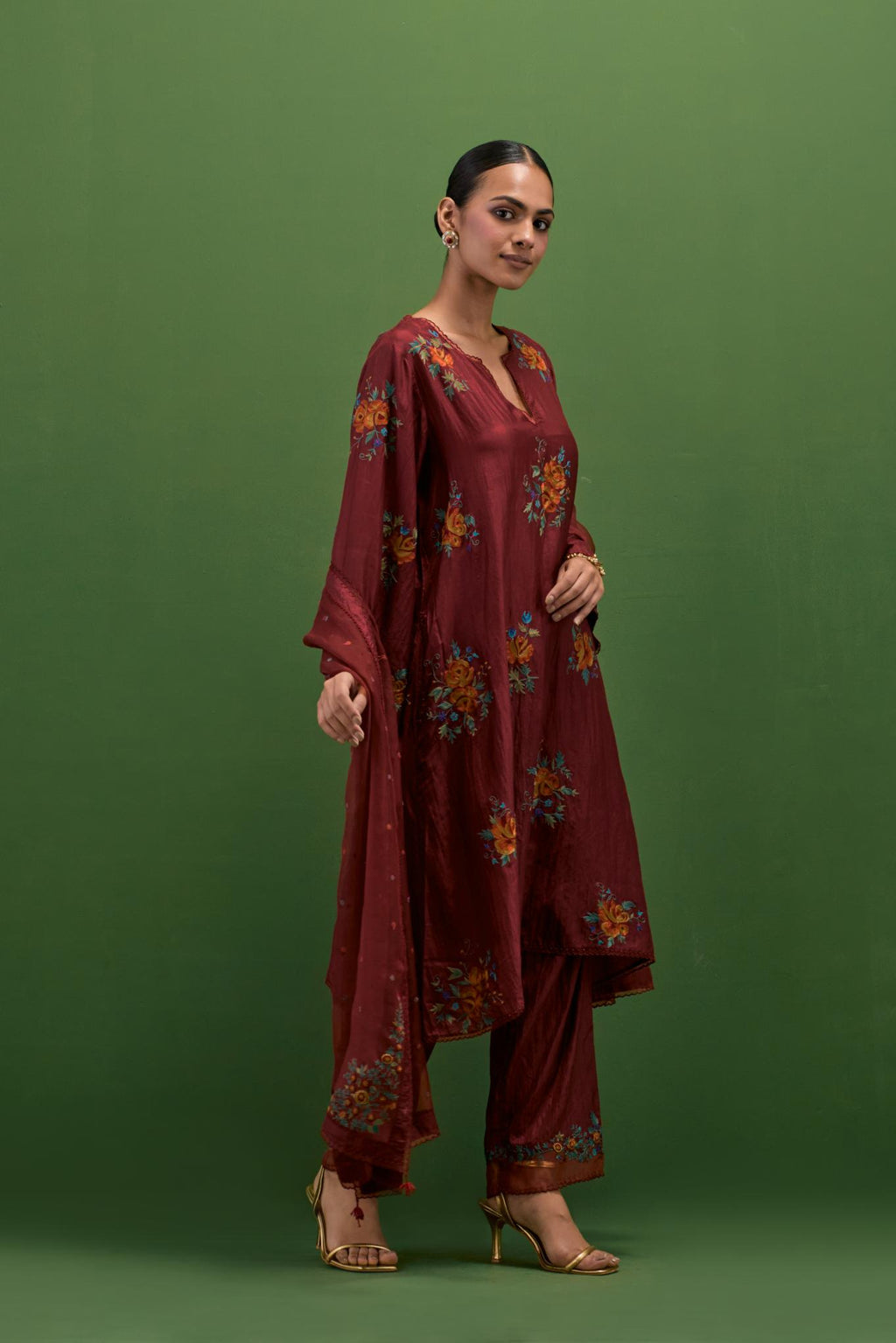 Rosewood silk A-line short kurta set, with thread embroidery roses all over.