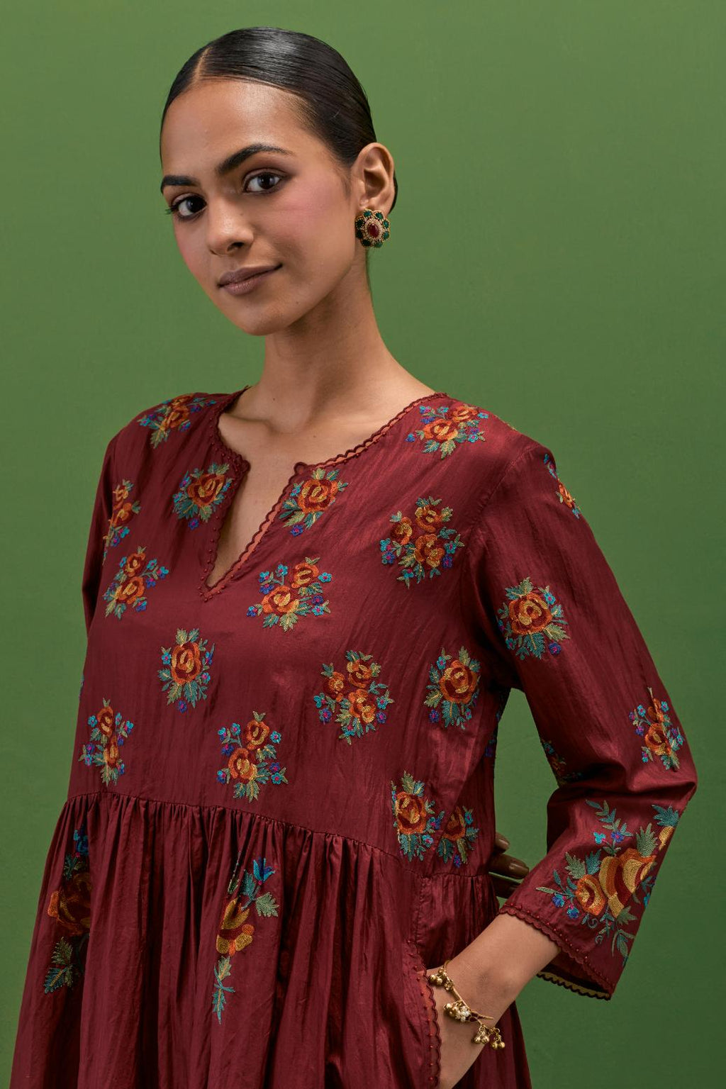 Rosewood silk Kurta dress set with all-over assorted thread embroidery floral bunches.