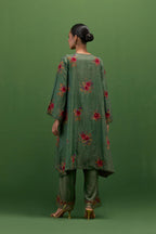Brunswick green silk A-line short kurta set, with thread embroidery roses all over.