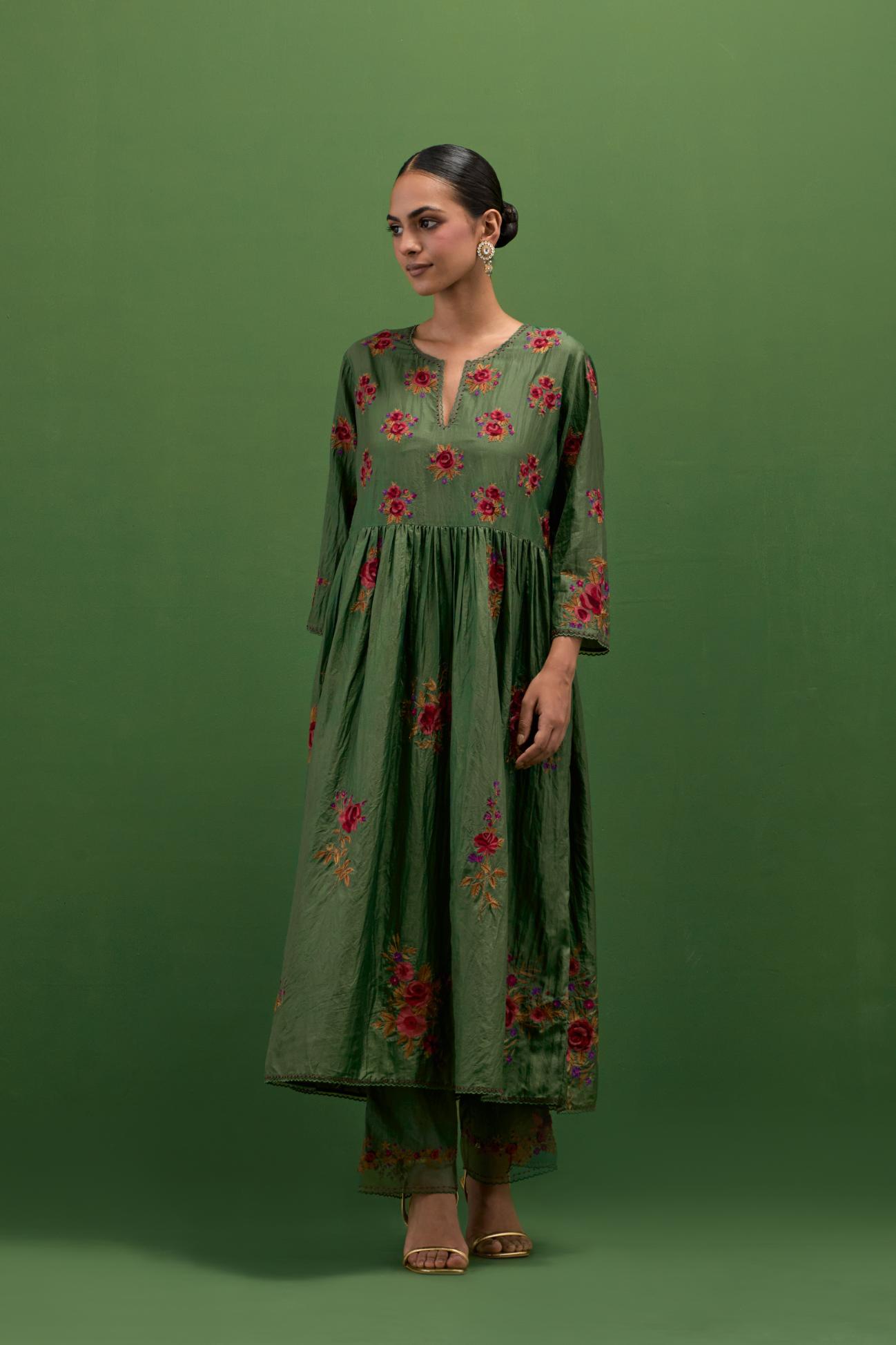 Brunswick green silk Kurta dress set with all-over assorted thread embroidery floral bunches.