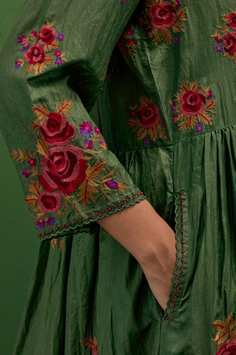 Brunswick green silk Kurta dress set with all-over assorted thread embroidery floral bunches.