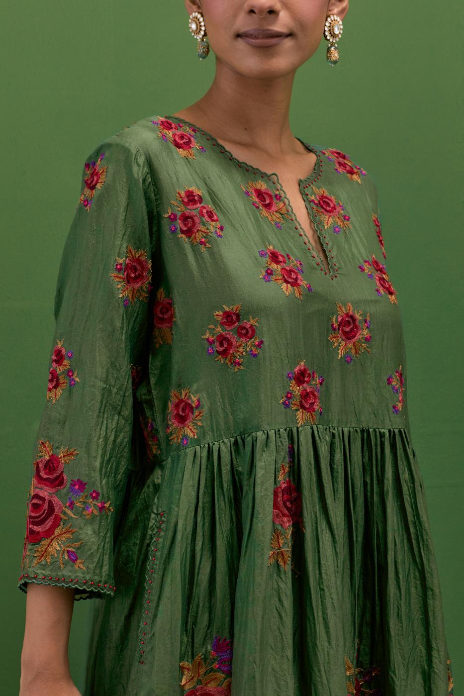 Brunswick green silk Kurta dress set with all-over assorted thread embroidery floral bunches.