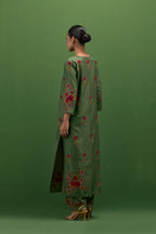 Brunswick green silk straight kurta set with all-over roses embroidered in thread and scalloped organza detail at the edges.