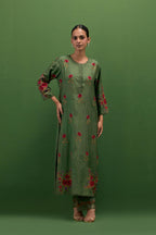 Brunswick green silk straight kurta set with all-over roses embroidered in thread and scalloped organza detail at the edges.