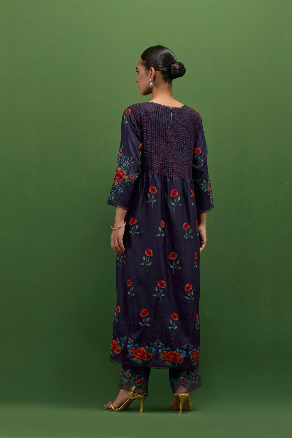 Midnight Blue silk kurta set with pin tucks at yoke and all-over rose flower embroidery.