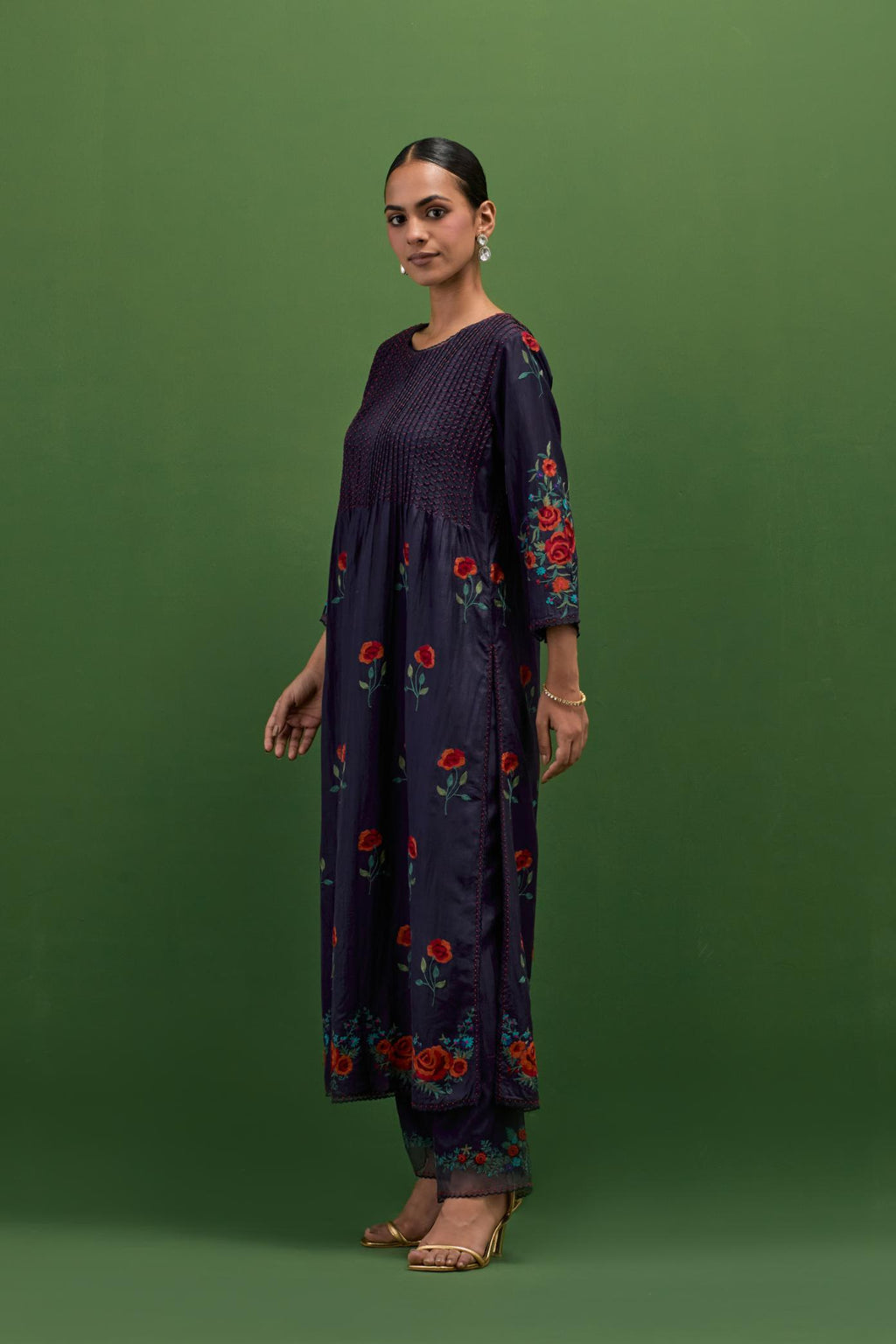 Midnight Blue silk kurta set with pin tucks at yoke and all-over rose flower embroidery.