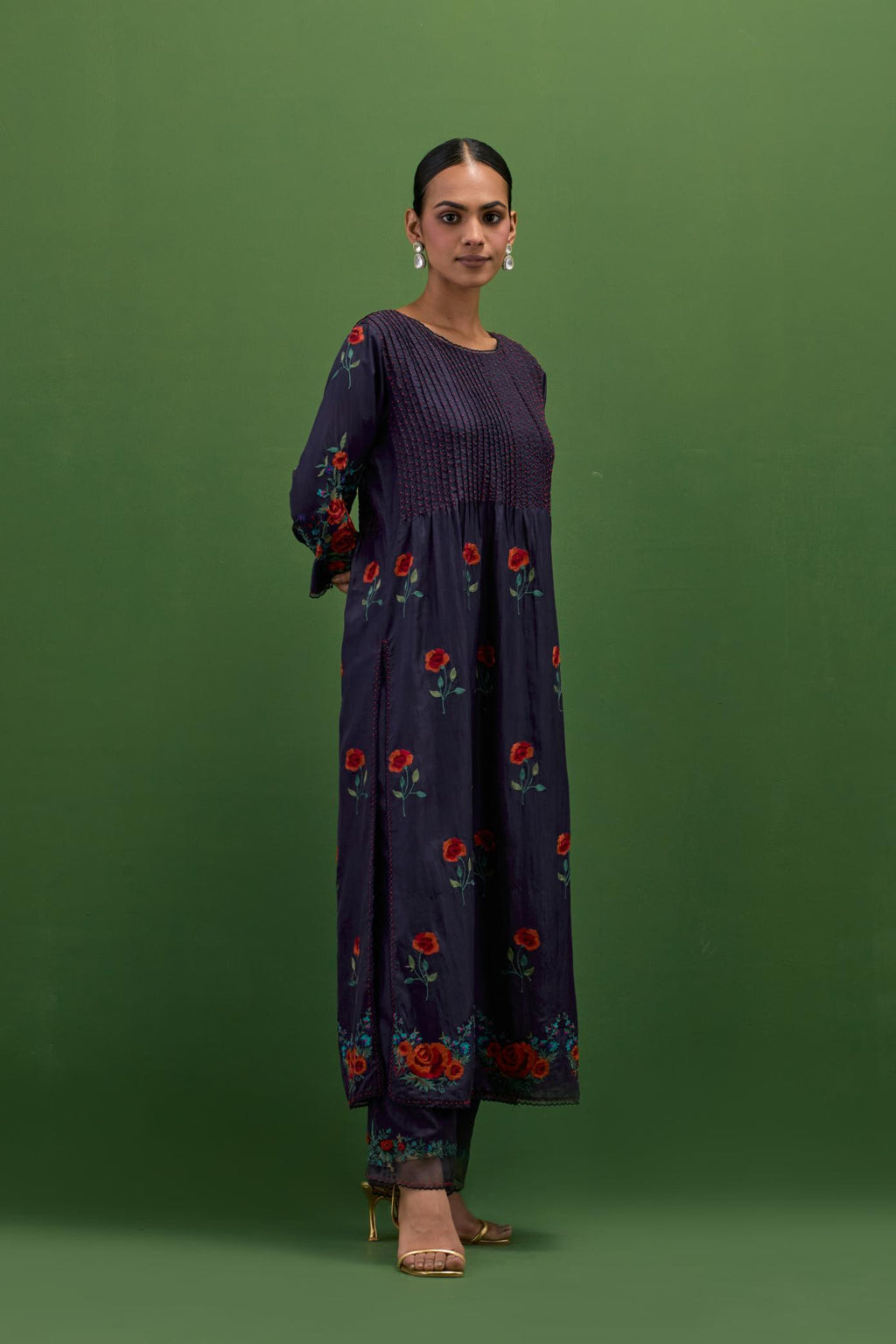 Midnight Blue silk kurta set with pin tucks at yoke and all-over rose flower embroidery.