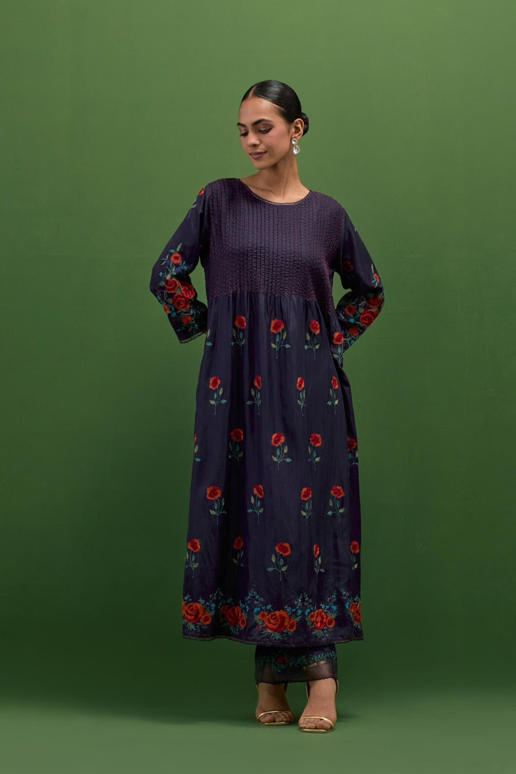 Midnight Blue silk kurta set with pin tucks at yoke and all-over rose flower embroidery.