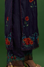 Midnight Blue silk kurta set with pin tucks at yoke and all-over rose flower embroidery.