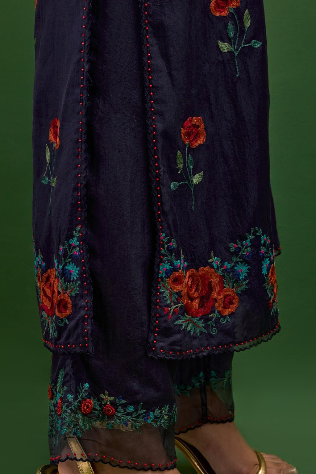 Midnight Blue silk kurta set with pin tucks at yoke and all-over rose flower embroidery.