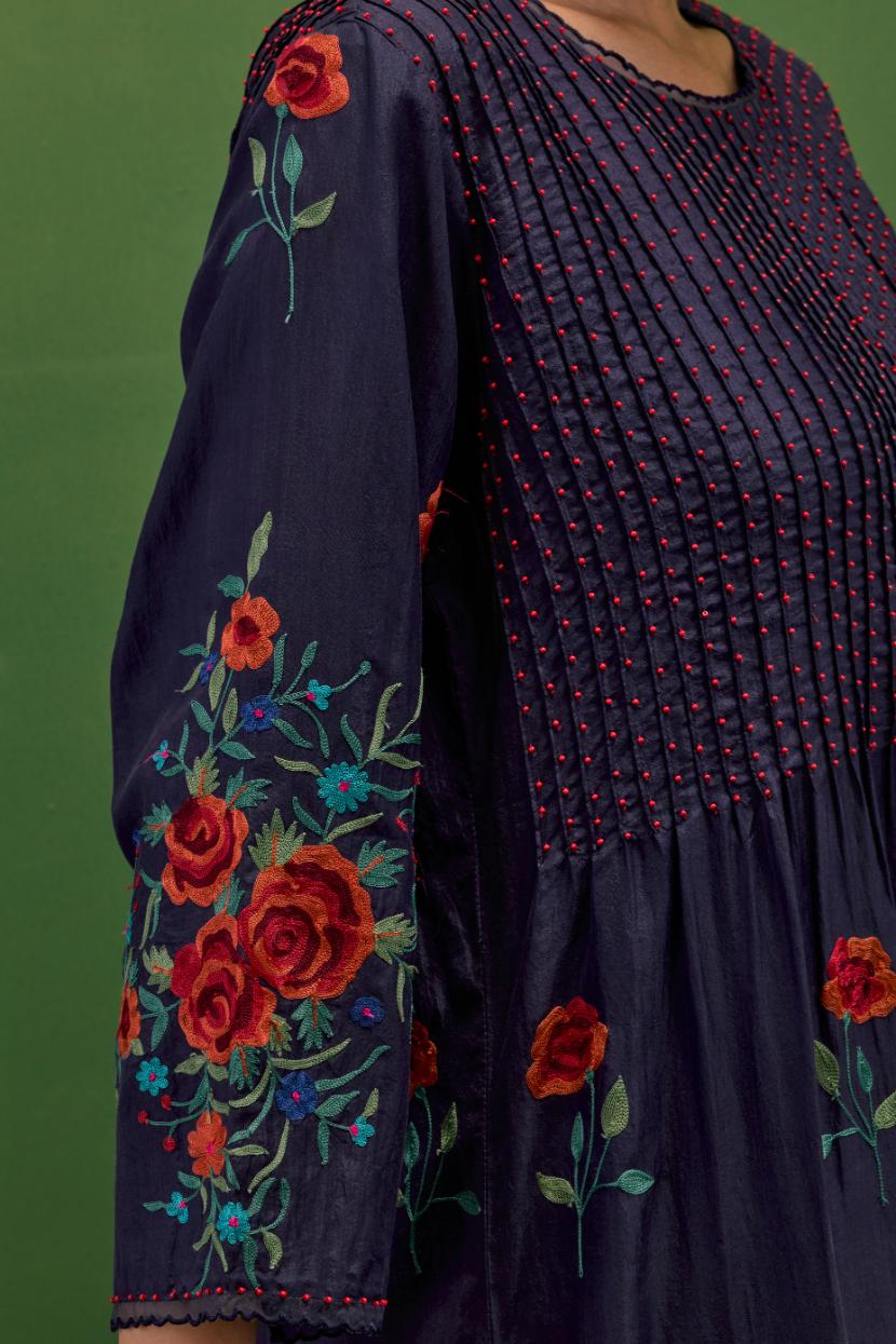 Midnight Blue silk kurta set with pin tucks at yoke and all-over rose flower embroidery.