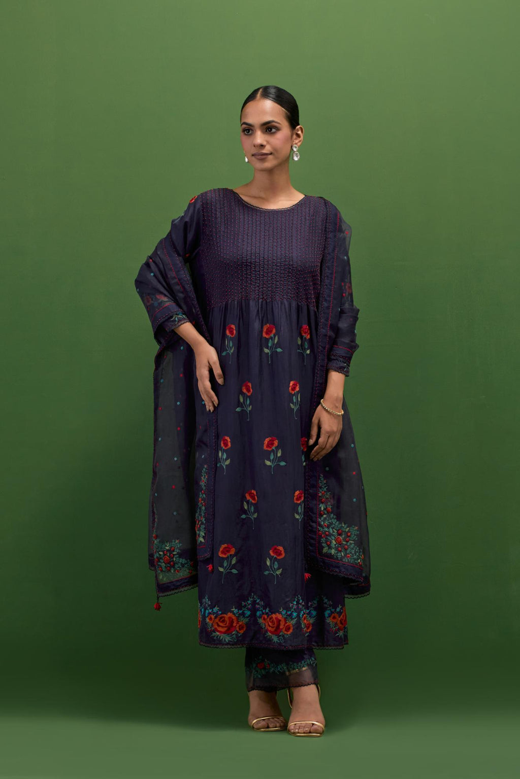 Midnight Blue silk kurta set with pin tucks at yoke and all-over rose flower embroidery.