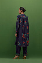 Midnight blue silk short, shirt-kurta set with all-over embroidered thread roses.