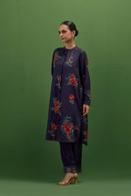 Midnight blue silk short, shirt-kurta set with all-over embroidered thread roses.