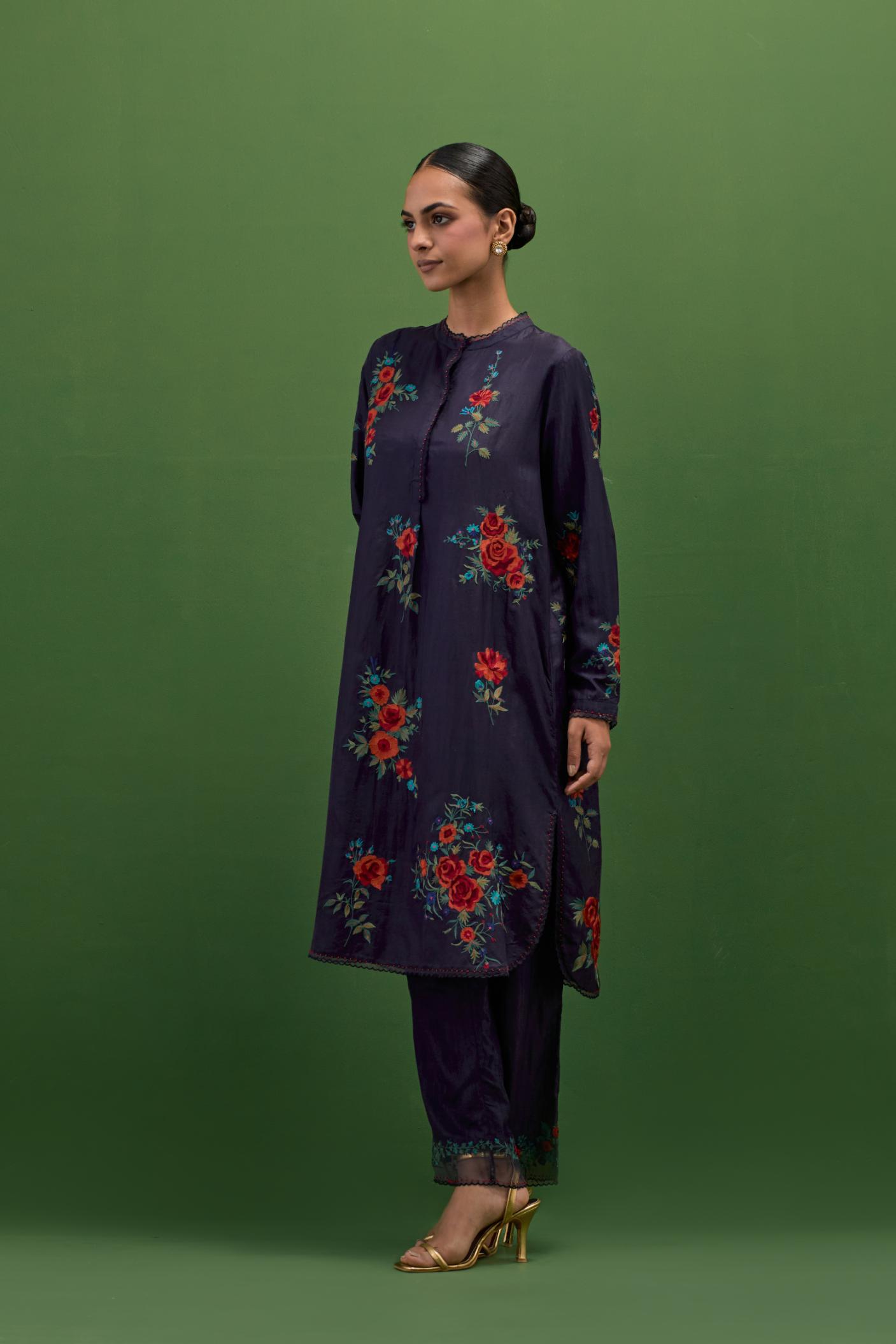 Midnight blue silk short, shirt-kurta set with all-over embroidered thread roses.