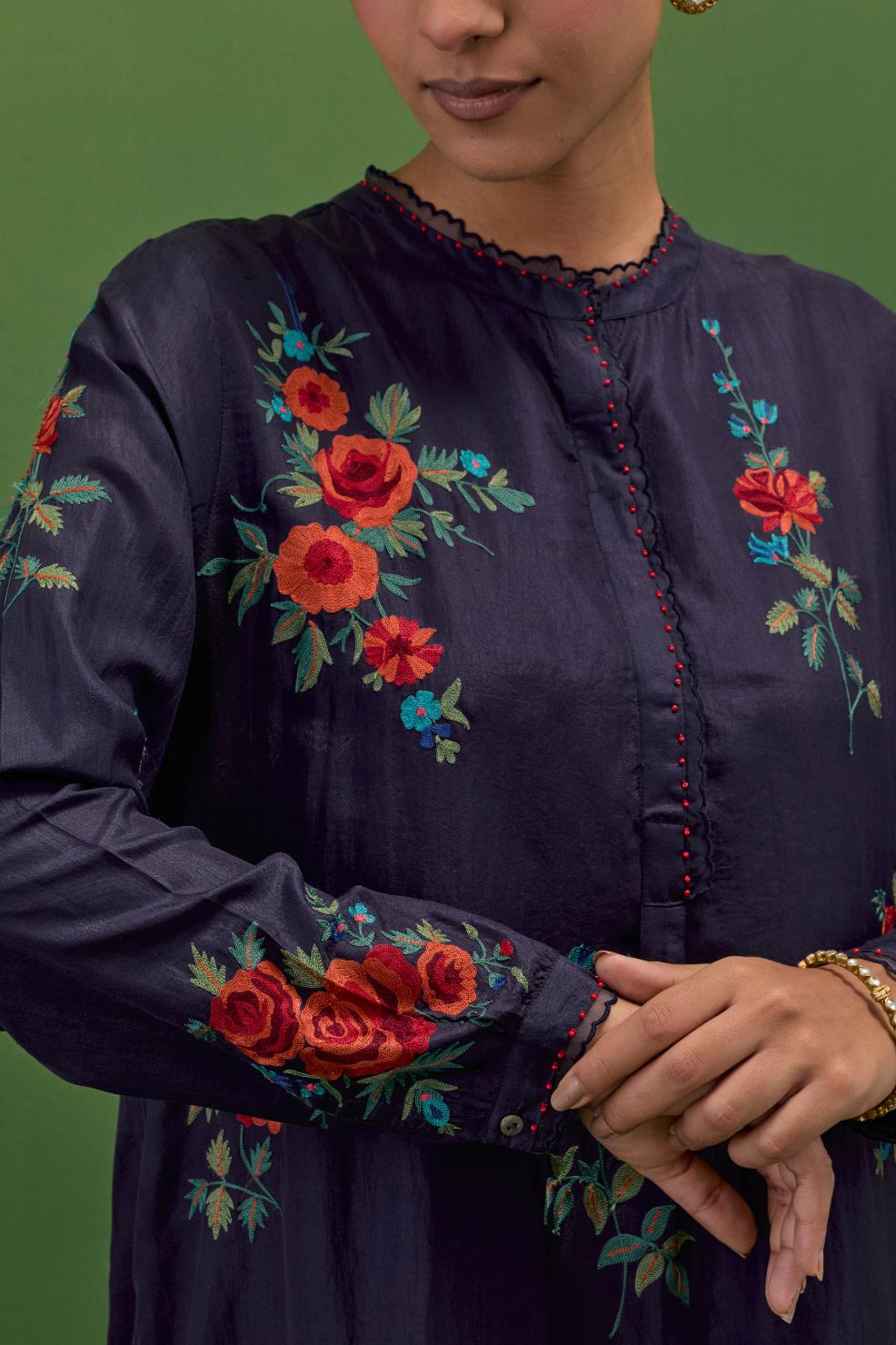 Midnight blue silk short, shirt-kurta set with all-over embroidered thread roses.